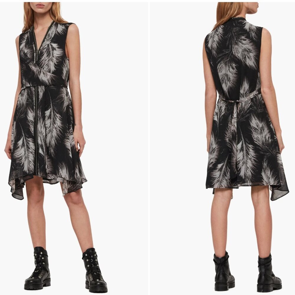 All Saints Black and White Feather Print Midi Dress